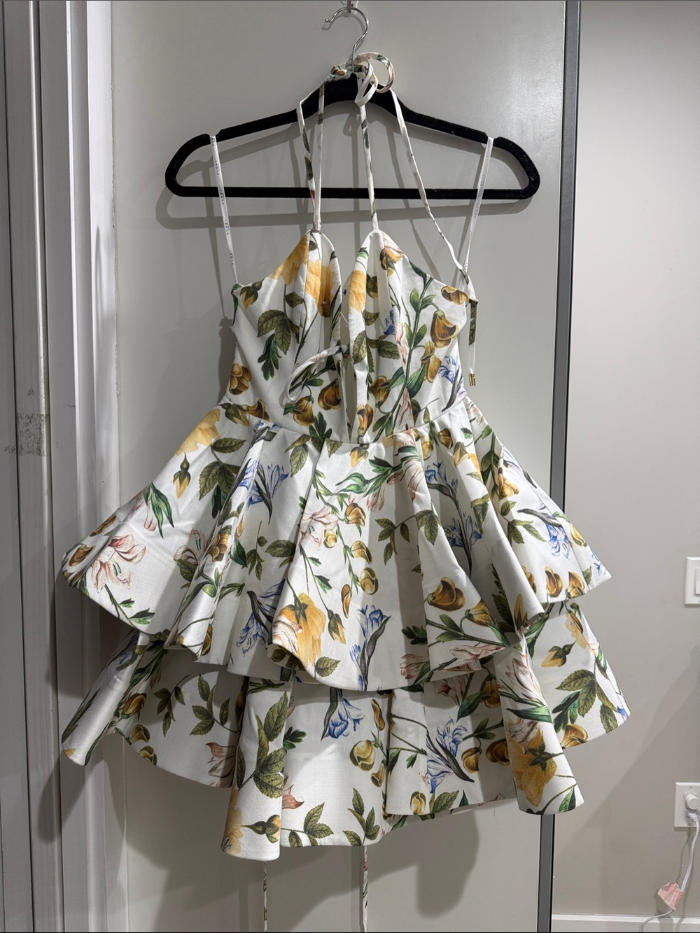 Club London!! Floral Tiered Mini Dress with Yellow & Green Floral Print